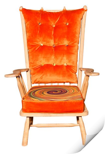 Wooden armchair with padded saddle and bright orange print, isolated on white background. Print by Sergii Petruk