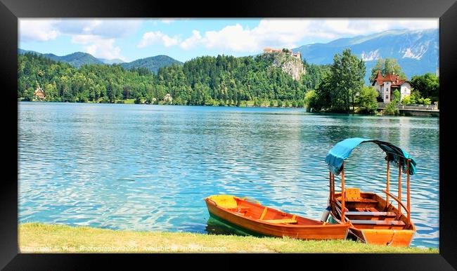 Boats at the Bled Island, Lake Bled, Slovenia. Framed Print by M. J. Photography
