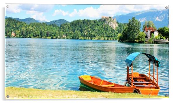 Boats at the Bled Island, Lake Bled, Slovenia. Acrylic by M. J. Photography