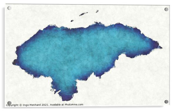 Honduras map with drawn lines and blue watercolor illustration Acrylic by Ingo Menhard