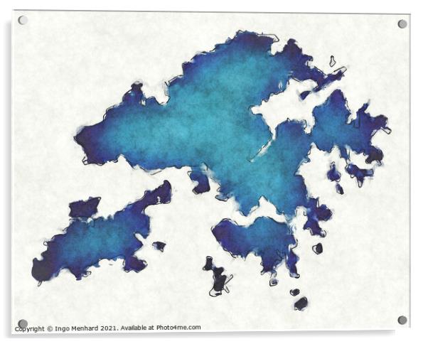 Hongkong map with drawn lines and blue watercolor illustration Acrylic by Ingo Menhard
