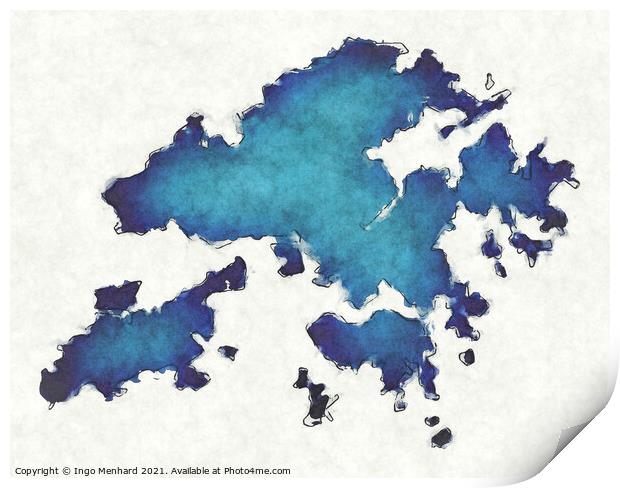 Hongkong map with drawn lines and blue watercolor illustration Print by Ingo Menhard