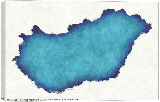 Hungary map with drawn lines and blue watercolor illustration Canvas Print by Ingo Menhard
