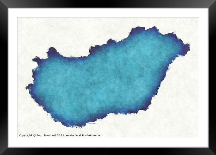 Hungary map with drawn lines and blue watercolor illustration Framed Mounted Print by Ingo Menhard