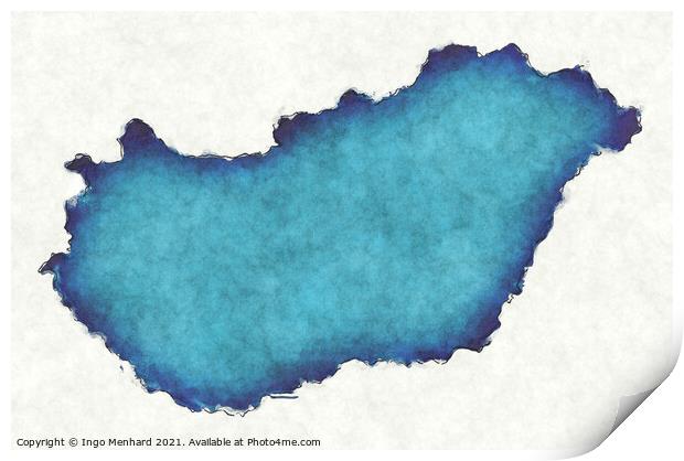 Hungary map with drawn lines and blue watercolor illustration Print by Ingo Menhard
