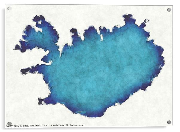 Iceland map with drawn lines and blue watercolor illustration Acrylic by Ingo Menhard
