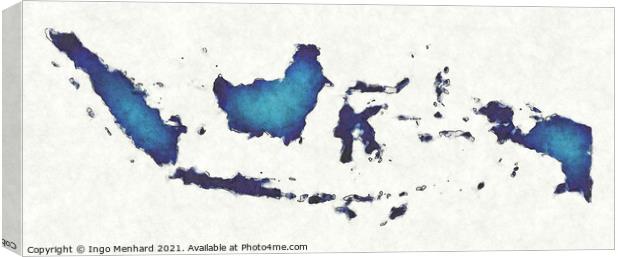 Indonesia map with drawn lines and blue watercolor illustration Canvas Print by Ingo Menhard