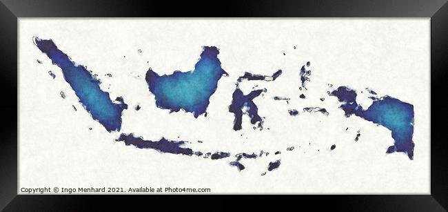 Indonesia map with drawn lines and blue watercolor illustration Framed Print by Ingo Menhard