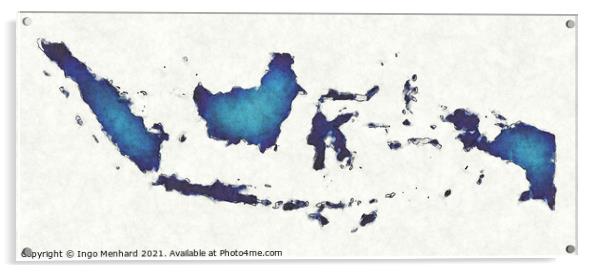 Indonesia map with drawn lines and blue watercolor illustration Acrylic by Ingo Menhard