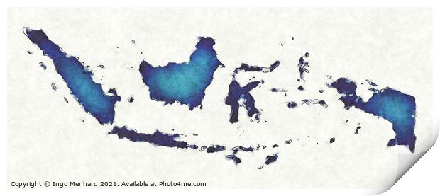 Indonesia map with drawn lines and blue watercolor illustration Print by Ingo Menhard