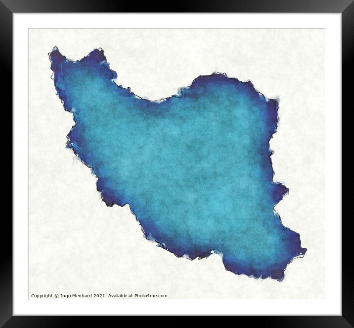 Iran map with drawn lines and blue watercolor illustration Framed Mounted Print by Ingo Menhard