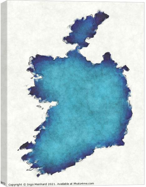 Ireland map with drawn lines and blue watercolor illustration Canvas Print by Ingo Menhard