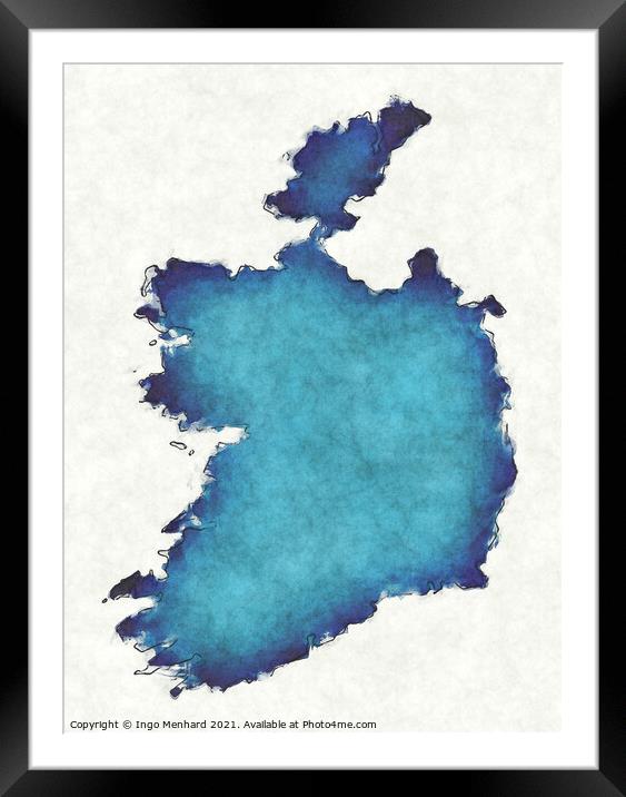 Ireland map with drawn lines and blue watercolor illustration Framed Mounted Print by Ingo Menhard