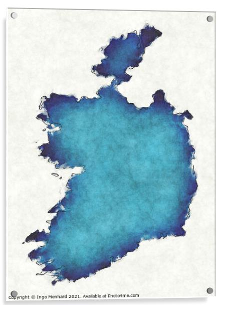 Ireland map with drawn lines and blue watercolor illustration Acrylic by Ingo Menhard