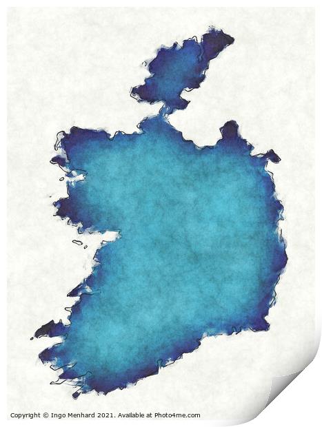 Ireland map with drawn lines and blue watercolor illustration Print by Ingo Menhard