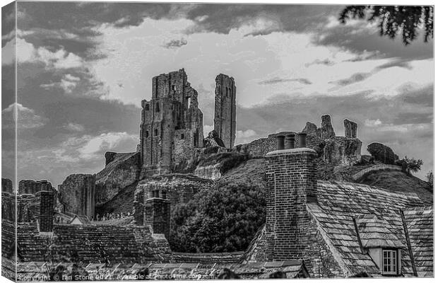 Corfe Castle over the rooftops of the village. Canvas Print by Ian Stone