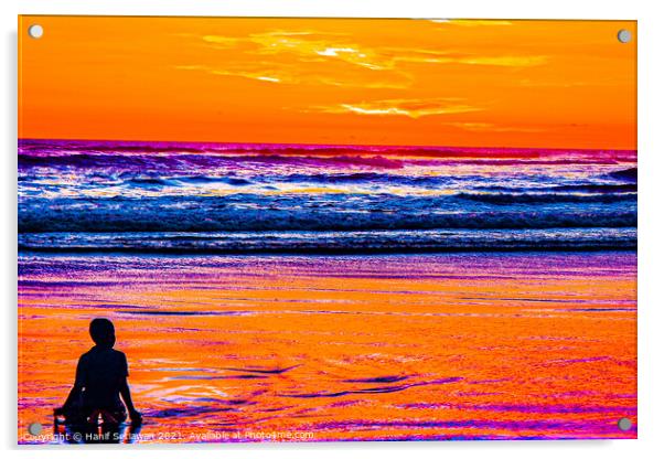 A young boy enjoys the sunset at a sand beach. Acrylic by Hanif Setiawan
