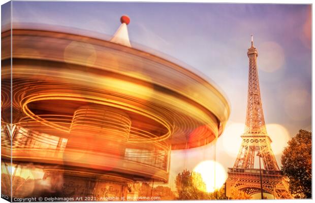 Eiffel tower, Paris and romantic vintage carousel Canvas Print by Delphimages Art