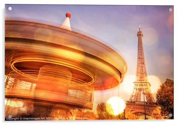 Eiffel tower, Paris and romantic vintage carousel Acrylic by Delphimages Art