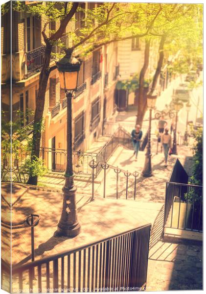 Montmartre staircase, golden light in Paris France Canvas Print by Delphimages Art