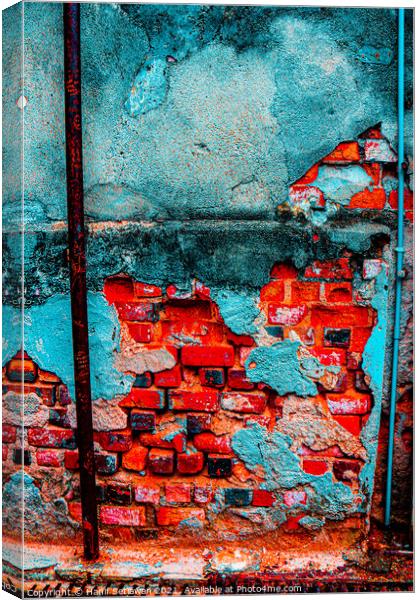 A damaged brick wall in digital red turquoise blue Canvas Print by Hanif Setiawan