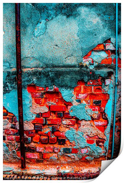 A damaged brick wall in digital red turquoise blue Print by Hanif Setiawan
