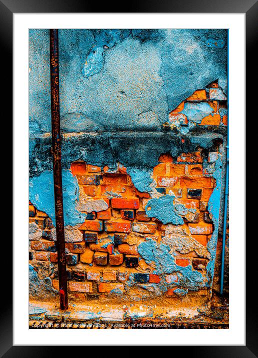 A damaged brick wall in digital brown turquoise bl Framed Mounted Print by Hanif Setiawan