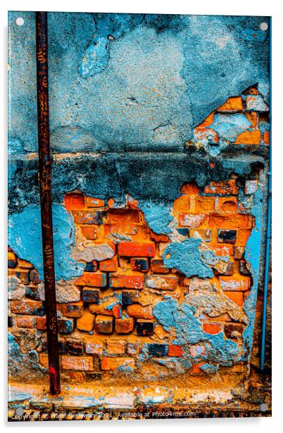 A damaged brick wall in digital brown turquoise bl Acrylic by Hanif Setiawan