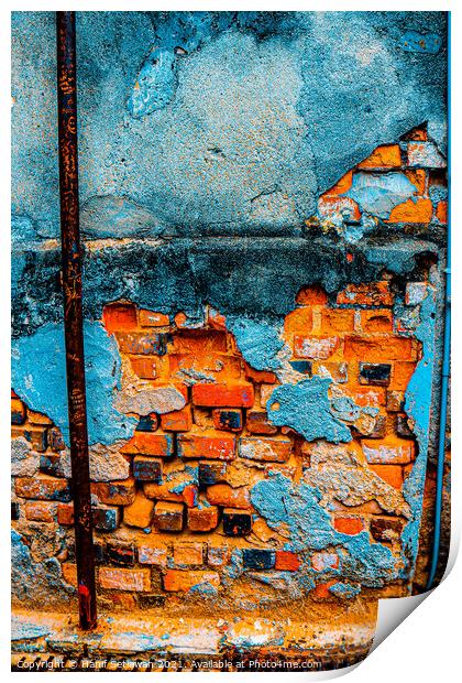 A damaged brick wall in digital brown turquoise bl Print by Hanif Setiawan