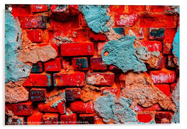 A damaged brick wall in digital red turquoise blue Acrylic by Hanif Setiawan