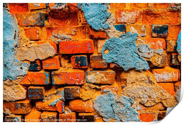 A damaged brick wall in digital brown turquoise bl Print by Hanif Setiawan