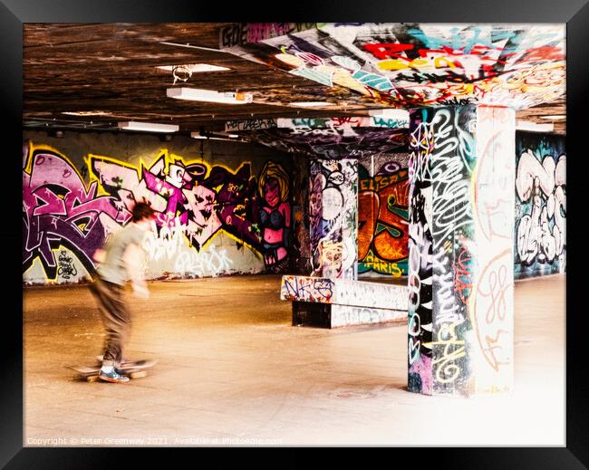 Skateboarding In London's Southbank Underpass Skateboard Park Framed Print by Peter Greenway
