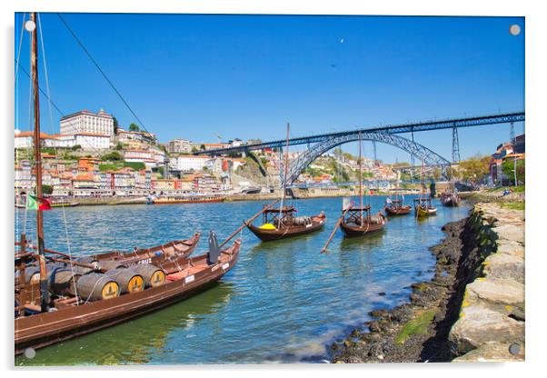 Famousboats providing carrying Porto wine in barrels on Rio Douro Acrylic by Elijah Lovkoff