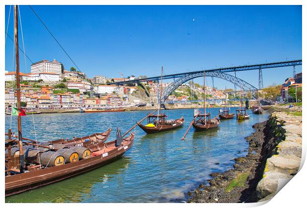 Famousboats providing carrying Porto wine in barrels on Rio Douro Print by Elijah Lovkoff