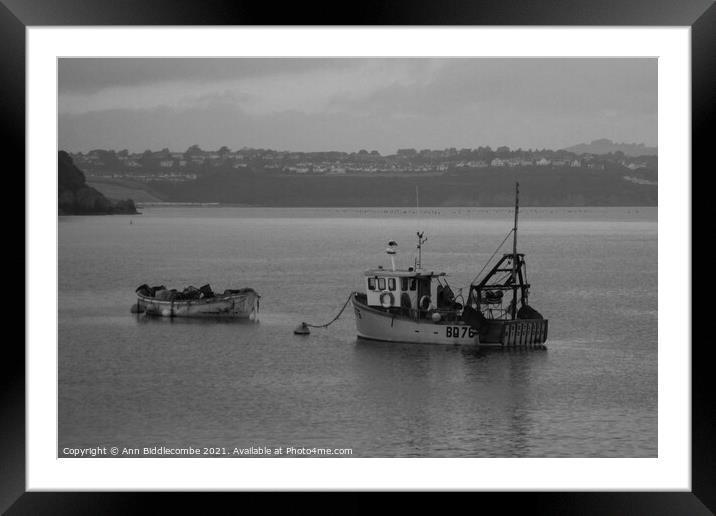 Just a couple of fishing boats in monochrome Framed Mounted Print by Ann Biddlecombe