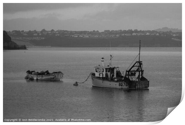 Just a couple of fishing boats in monochrome Print by Ann Biddlecombe