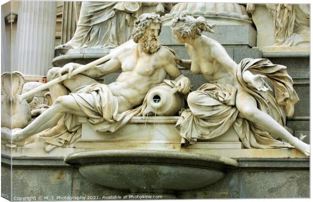 Mythology scene on fountain in the front of Vienna parliament Canvas Print by M. J. Photography