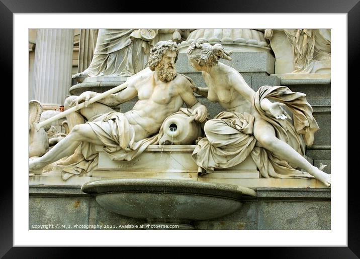 Mythology scene on fountain in the front of Vienna parliament Framed Mounted Print by M. J. Photography