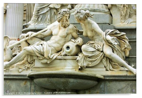 Mythology scene on fountain in the front of Vienna parliament Acrylic by M. J. Photography
