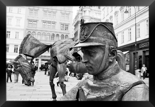 Iron Horse and Man Soldier - Art Installation at Graben Street in Vienna, Austria. Framed Print by M. J. Photography