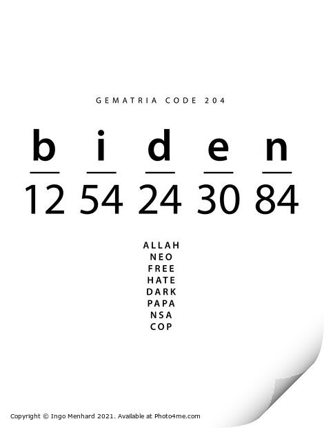 Biden word code in the English Gematria  Print by Ingo Menhard