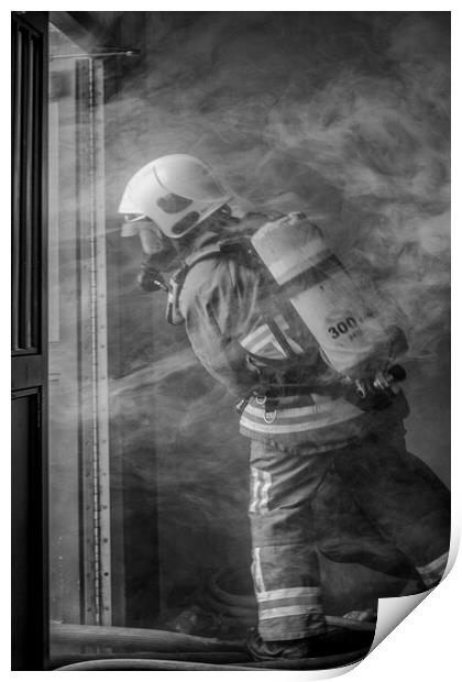 Firefighter Working in Smoke Print by Roger Green