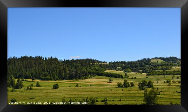 Idyllic view with green hills and meadows Framed Print by Paulina Sator