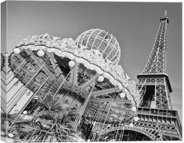 Paris. Eiffel tower and carousel, black and white Canvas Print by Delphimages Art