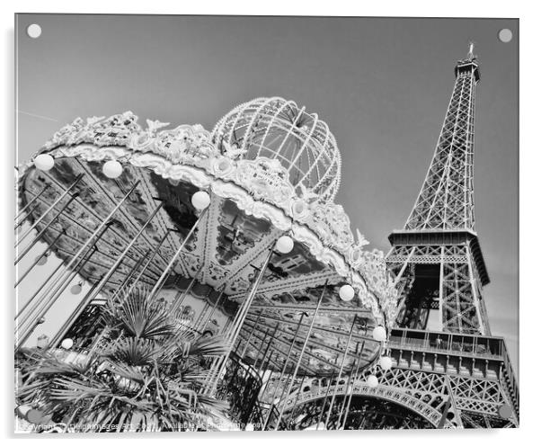 Paris. Eiffel tower and carousel, black and white Acrylic by Delphimages Art