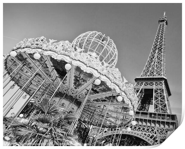Paris. Eiffel tower and carousel, black and white Print by Delphimages Art