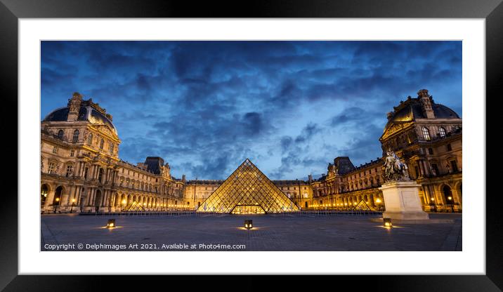 Louvre museum pyramid in Paris, panorama at night Framed Mounted Print by Delphimages Art