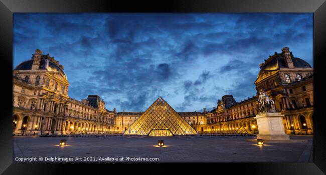 Louvre museum pyramid in Paris, panorama at night Framed Print by Delphimages Art