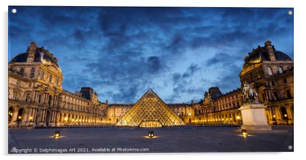 Louvre museum pyramid in Paris, panorama at night Acrylic by Delphimages Art