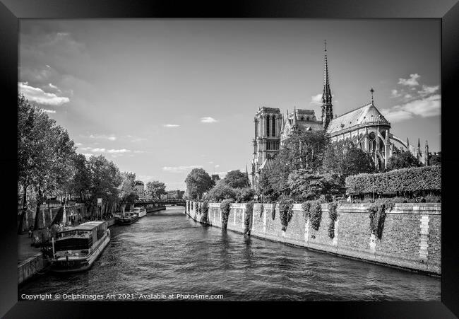 Notre Dame de Paris and the river Seine France Framed Print by Delphimages Art